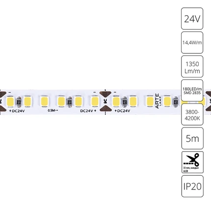 Светодиодная лента 24V 14,4W m 4000К 5м Arte Lamp TAPE A2418008-02-4K